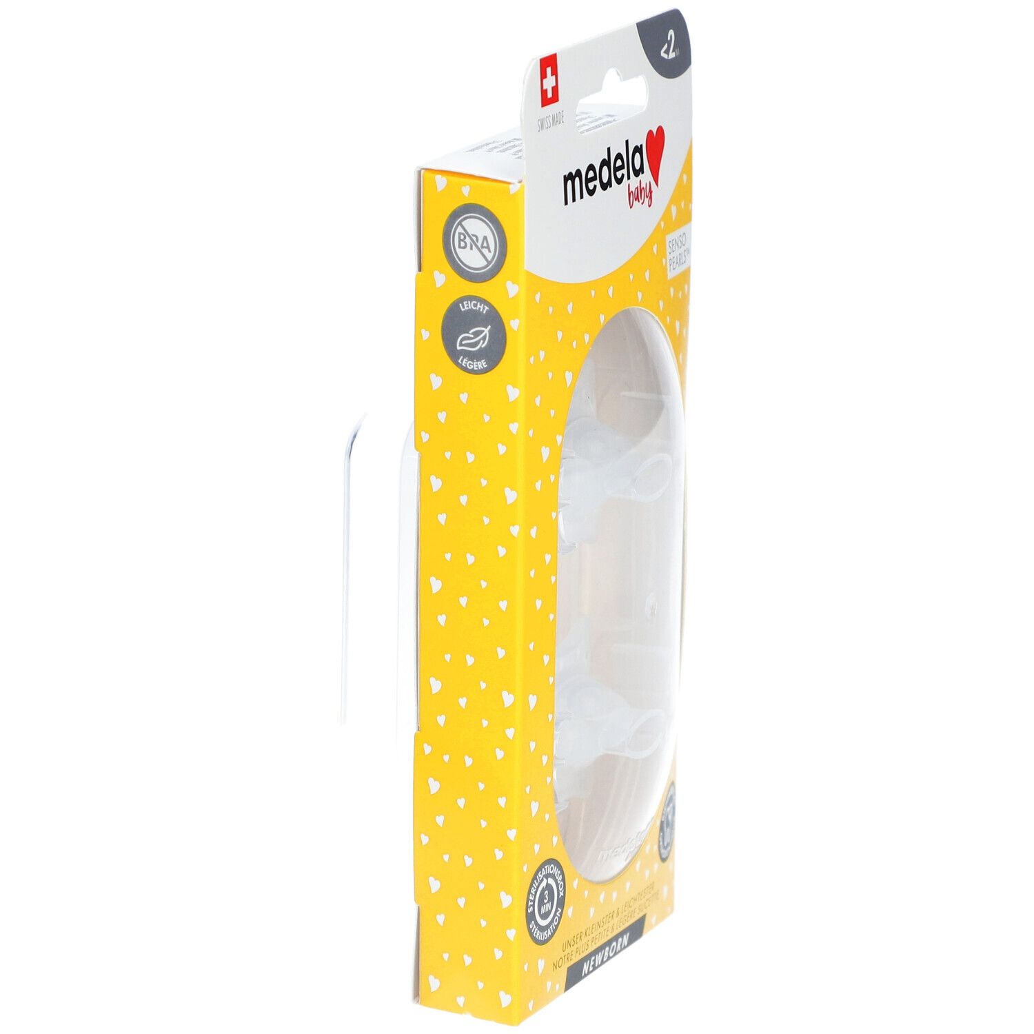 Emballage jaune avec deux tétines. Marque Medela Baby. Vue latérale avec croix suisse et logo sans BPA.
