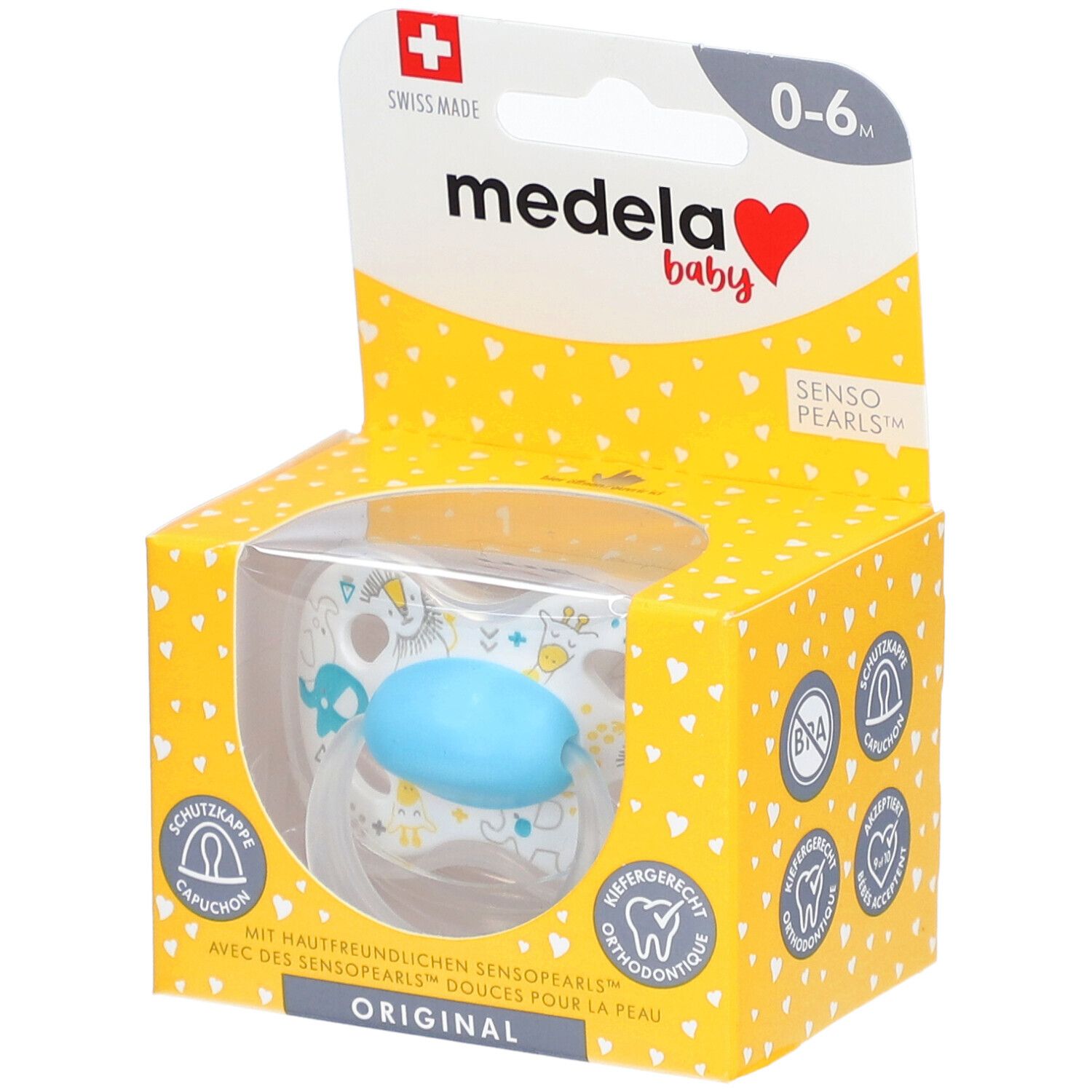 Sucette Medela Baby dans un emballage jaune. Tétine bleue avec motif animalier. Recommandé pour 0-6 mois. Croix suisse.