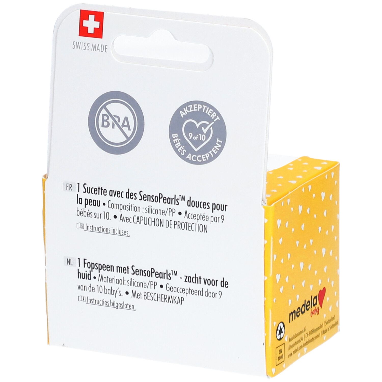 Dos de l'emballage jaune Medela Baby. Informations en français et néerlandais. Croix suisse et logo.