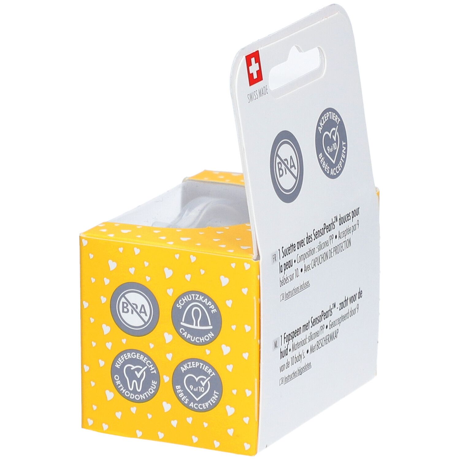 Emballage Medela Baby jaune ouvert. Informations à l'intérieur. Croix suisse et logos.