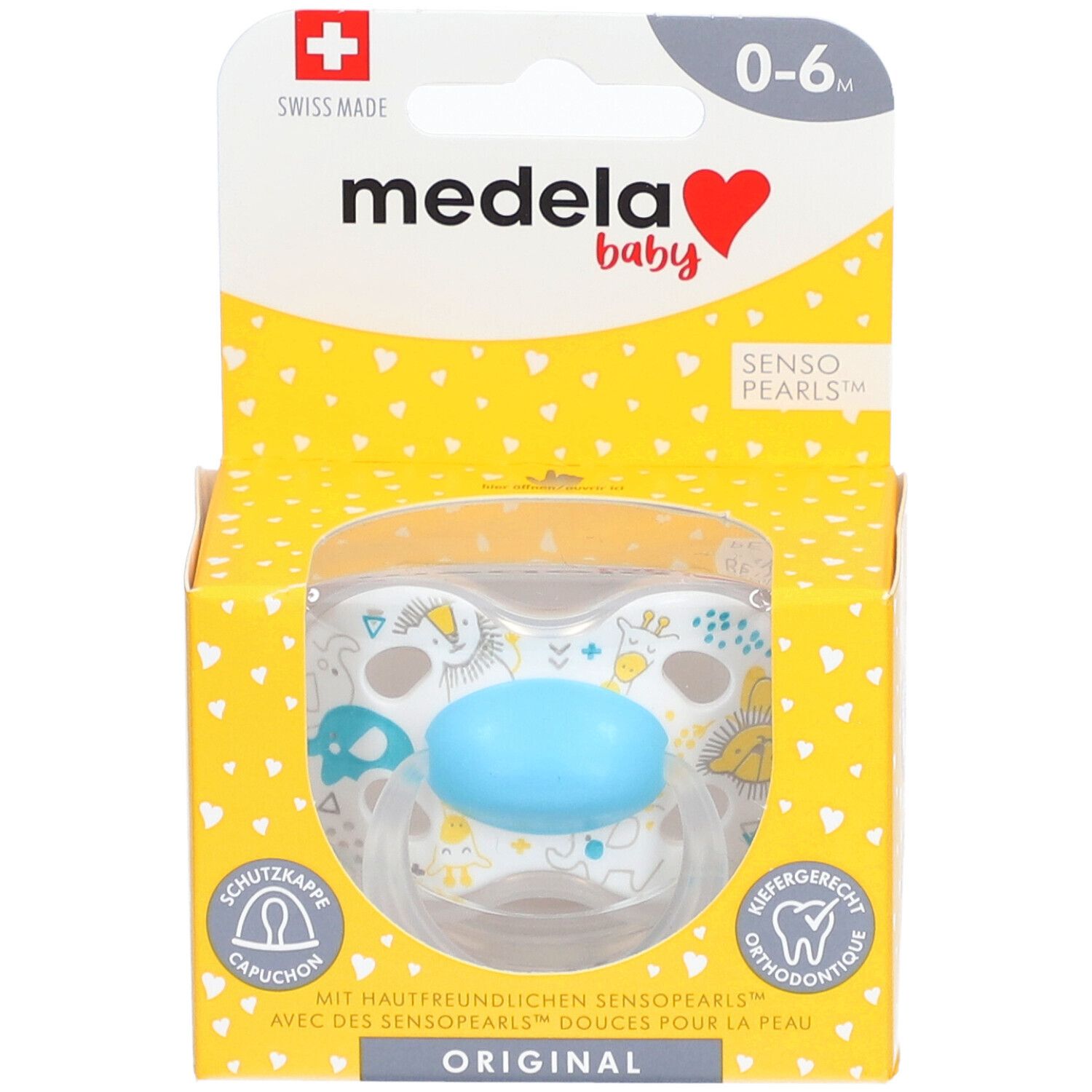 Sucette Medela Baby dans un emballage jaune. Tétine bleue avec motif animalier. 0-6 mois. Croix suisse.