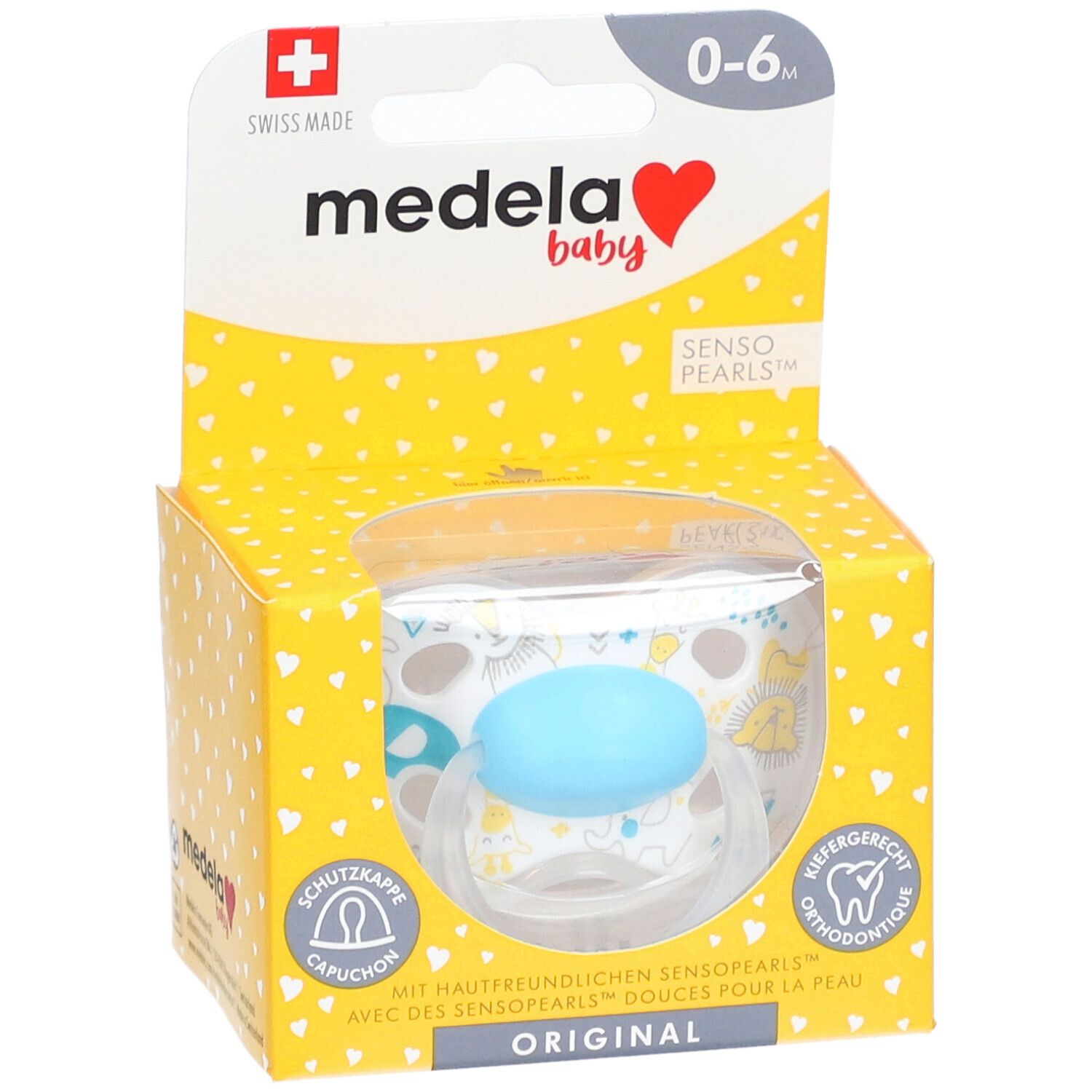Sucette Medela Baby dans un emballage jaune. Tétine bleue avec motif animalier. 0-6 mois. Croix suisse.