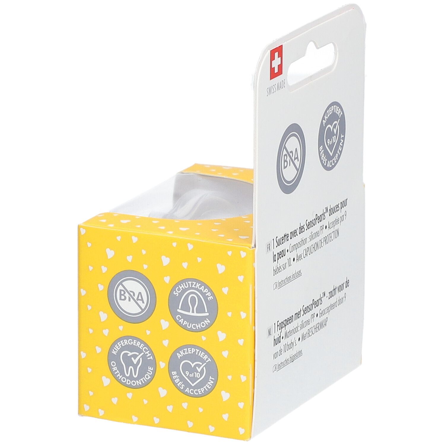 Vue latérale de l'emballage. Texte: acceptation, protection. Boîte jaune à motifs cœurs.