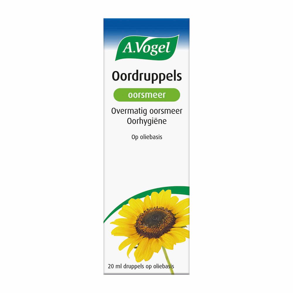 A. Vogel-verpakking. Blauw en wit. Product: Oordruppels oorsmeer. Zonnebloem afgebeeld.