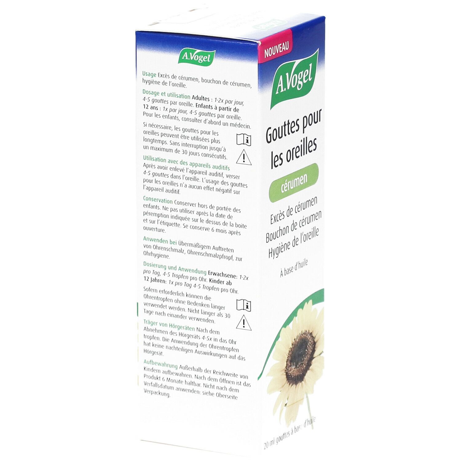 A. Vogel-verpakking. Tekst op de verpakking. Gebruiksaanwijzing en ingrediënten. Zonnebloem afgebeeld.