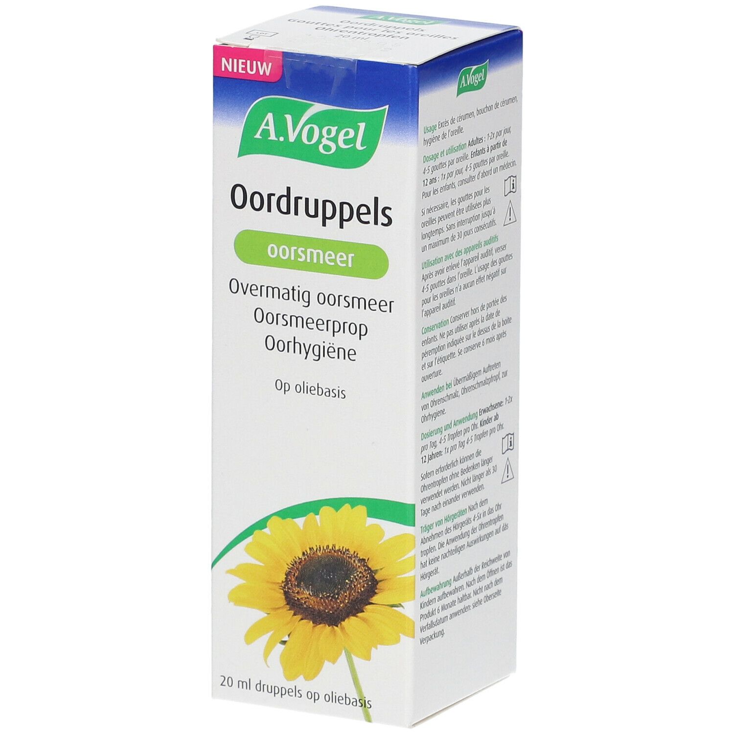 A. Vogel-verpakking. Blauw en wit. Product: Oordruppels oorsmeer. Zonnebloem afgebeeld.