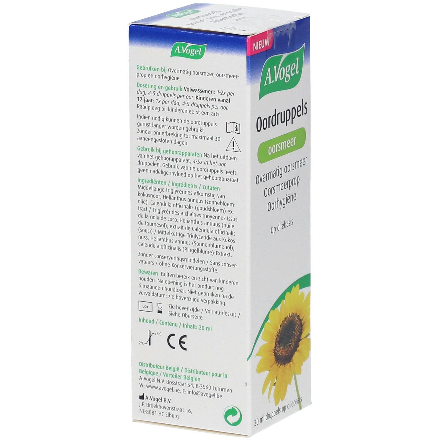 A. Vogel-verpakking. Tekst op de verpakking. Gebruiksaanwijzing en ingrediënten. Zonnebloem afgebeeld.