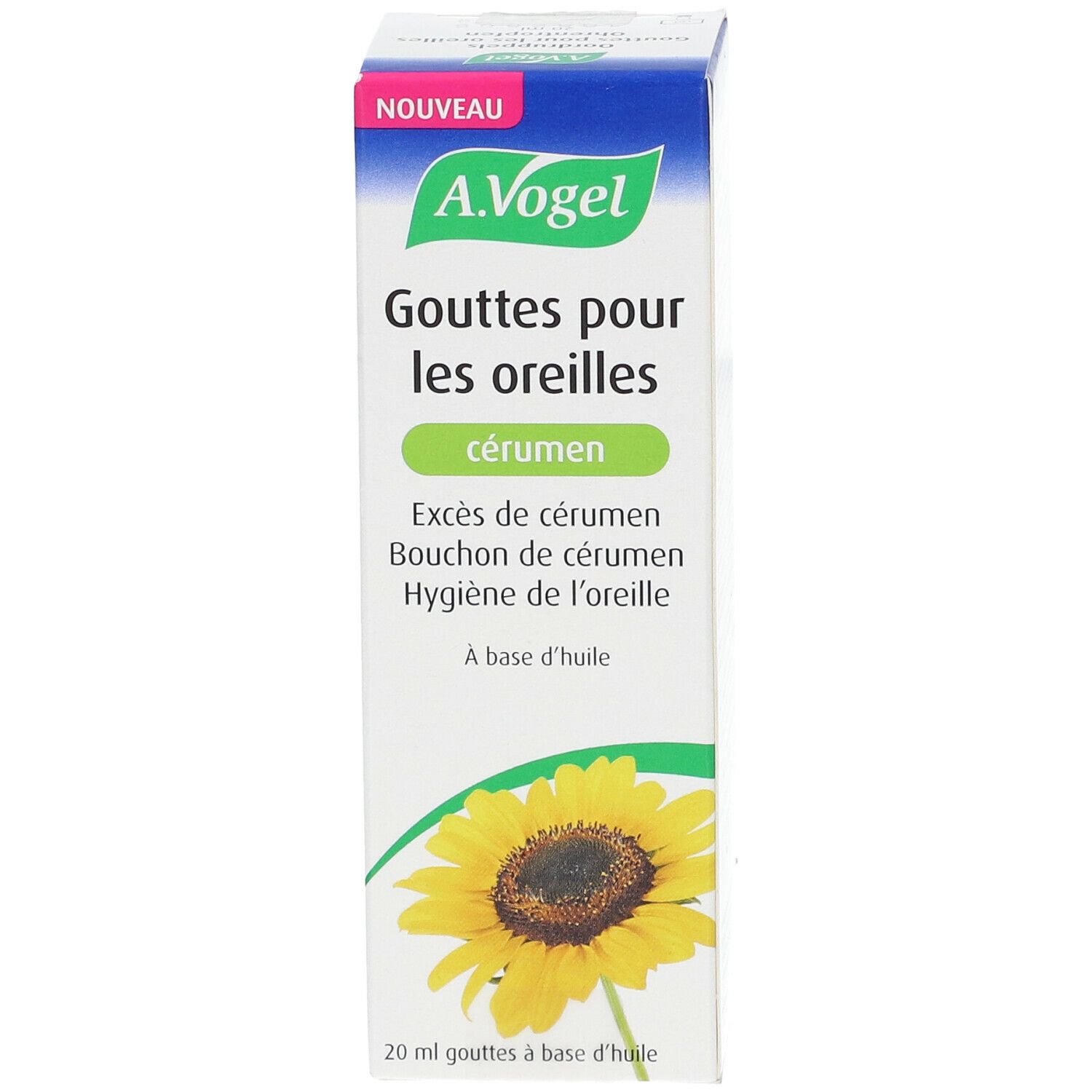 A. Vogel-verpakking. Blauw en wit. Product: Gouttes pour les oreilles cérumen. Zonnebloem afgebeeld.