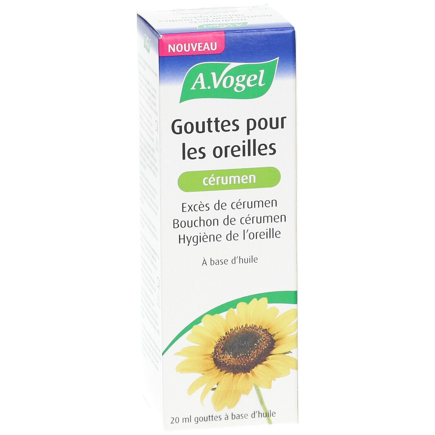 A. Vogel-verpakking. Blauw en wit. Product: Gouttes pour les oreilles cérumen. Zonnebloem afgebeeld.