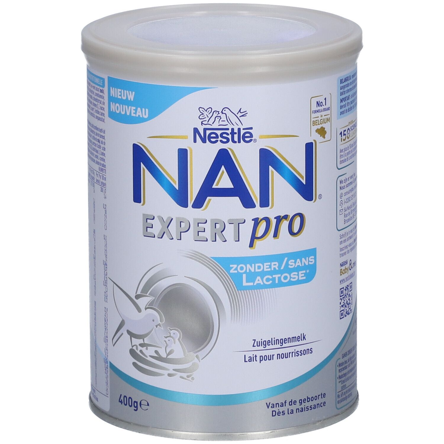 Blik Nestlé NAN ExpertPro Sans Lactose. Blauw-wit ontwerp. Opschrift: NAN EXPERTpro, Zonder/Sans Lactose, 400g. Illustratie van een baby.