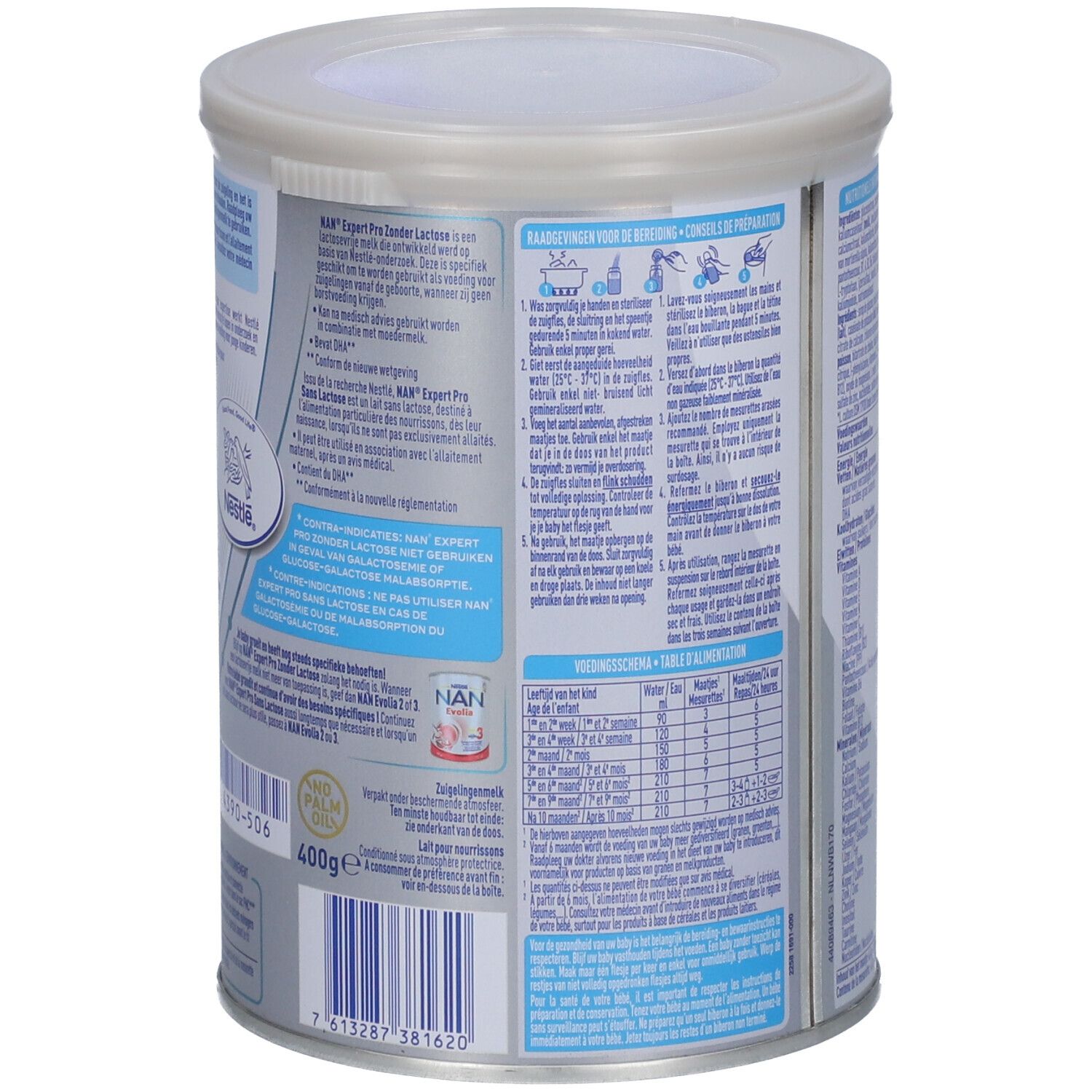 Achterkant van de blik Nestlé NAN ExpertPro Sans Lactose. Tekst in meerdere talen. Bevat voedingsinformatie en instructies.