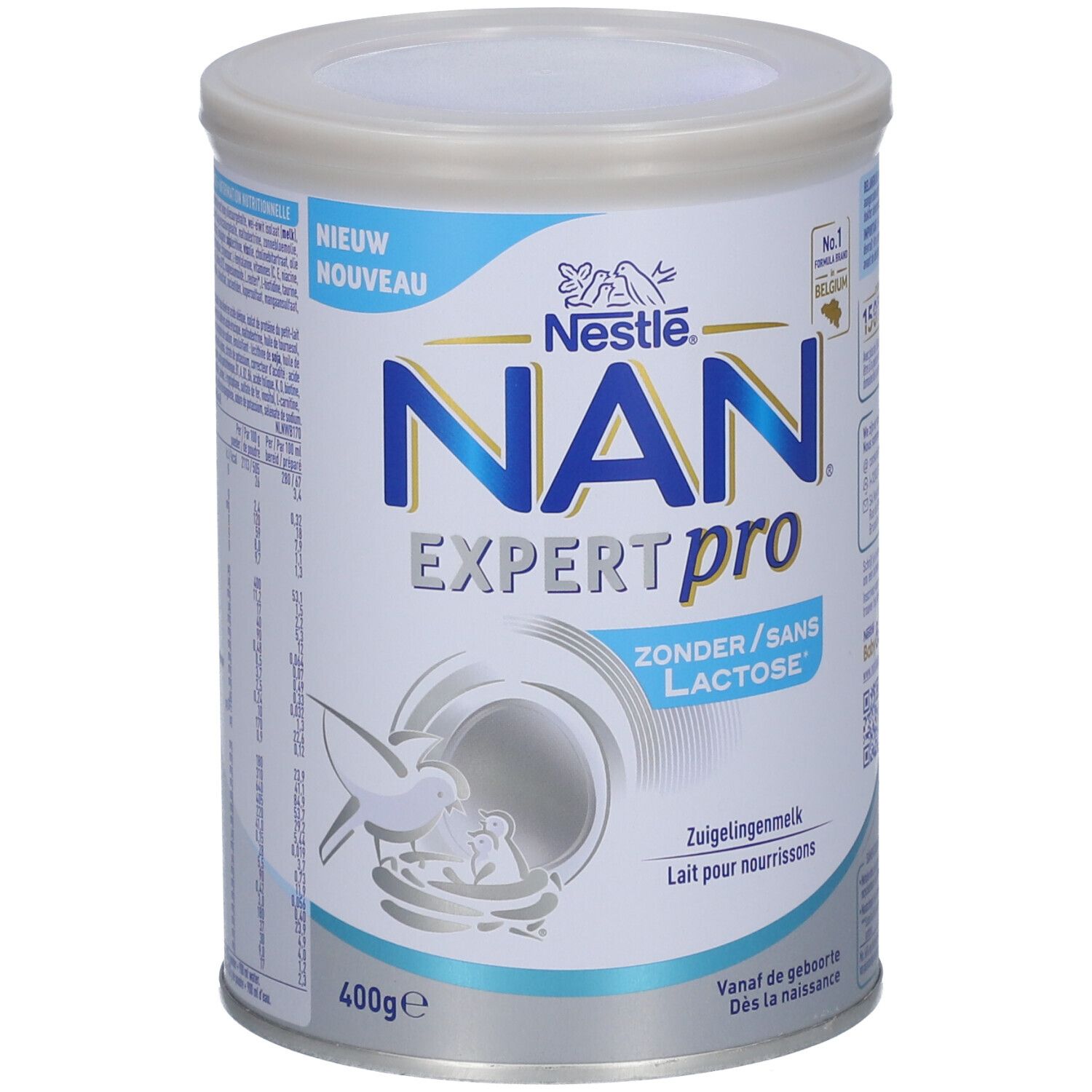 Blik Nestlé NAN ExpertPro Sans Lactose. Blauw-wit ontwerp. Opschrift: NAN EXPERTpro, Zonder/Sans Lactose, 400g. Illustratie van een baby.