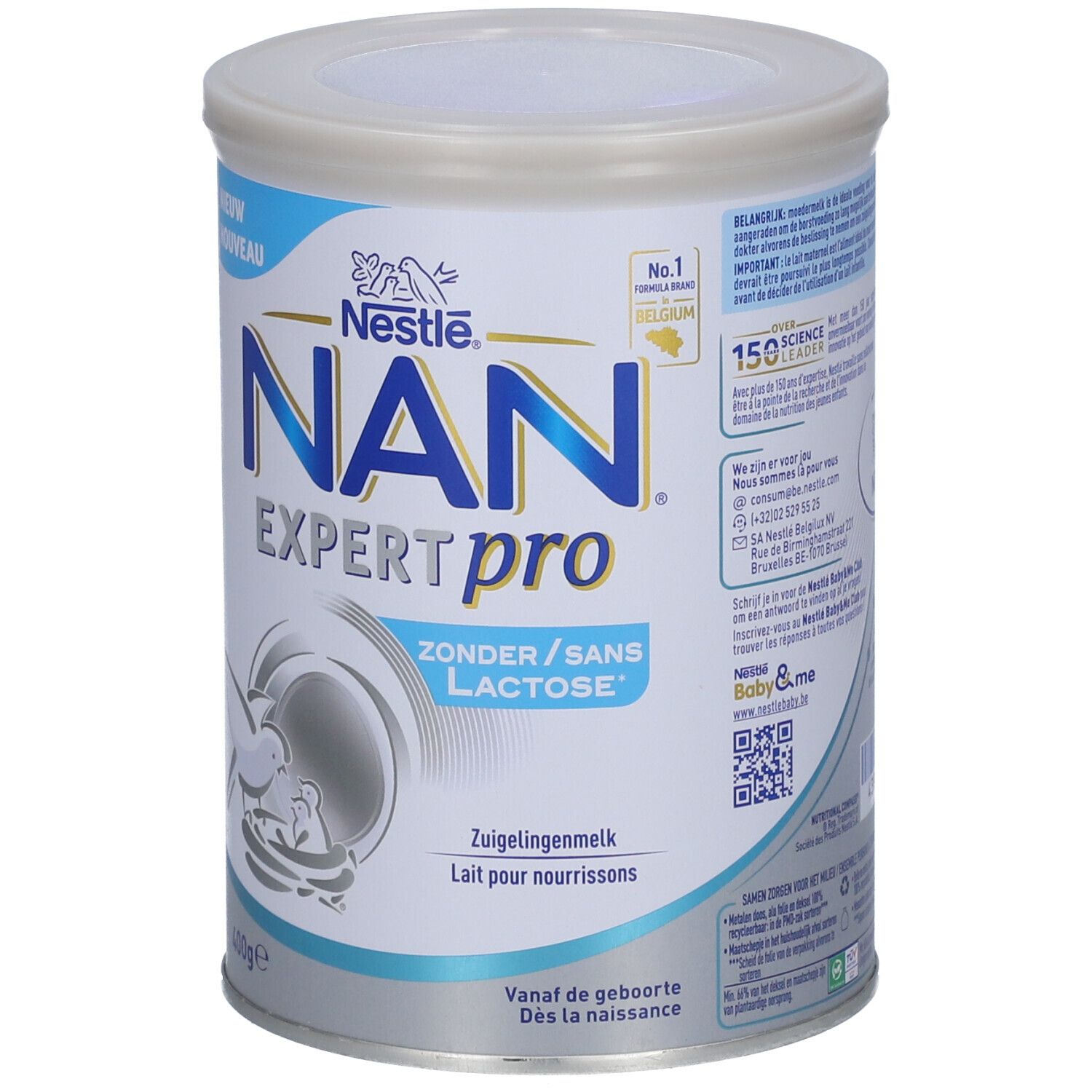 Blik Nestlé NAN ExpertPro Sans Lactose. Blauw-wit ontwerp. Opschrift: NAN EXPERTpro, Zonder/Sans Lactose, 400g. Illustratie van een baby.