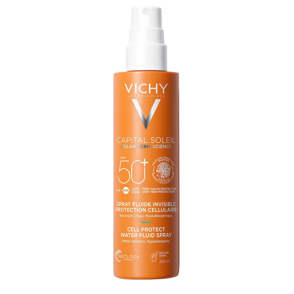 Oranje sprayfles met witte sproeikop. Opschrift: Vichy, Capital Soleil, SPF 50+.