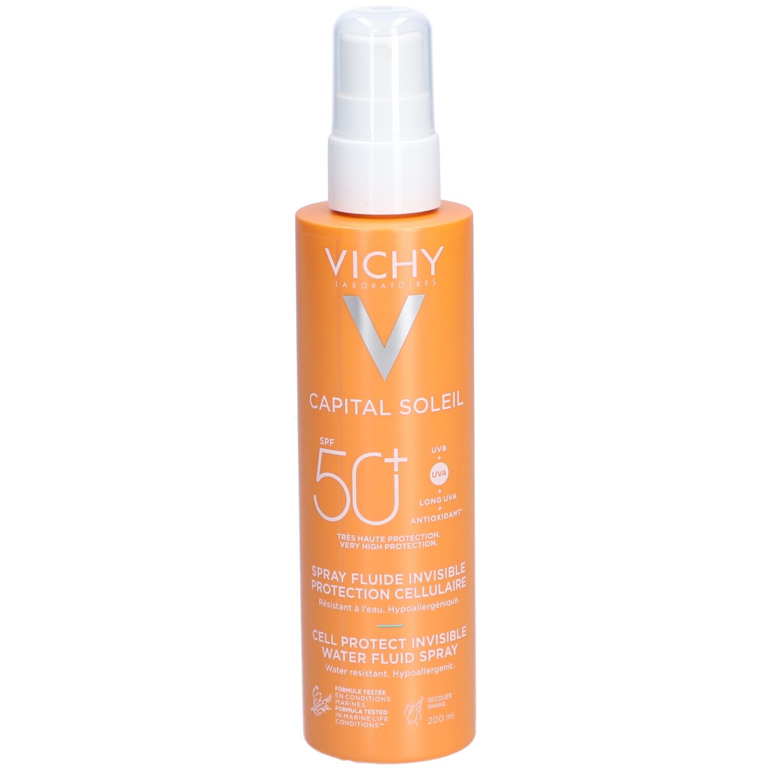 Oranje sprayfles met witte sproeikop. Opschrift: Vichy, Capital Soleil, SPF 50+.