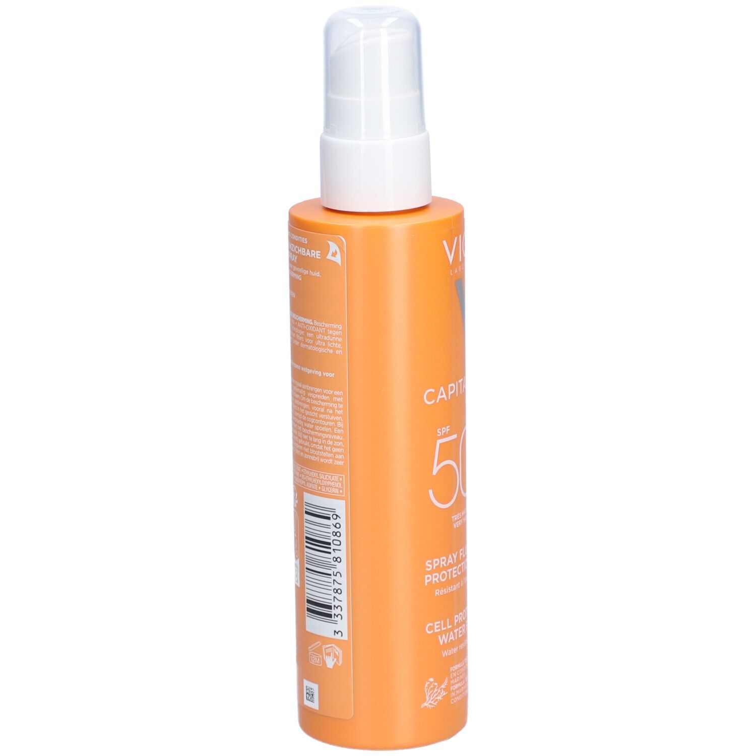 Oranje sprayfles met witte sproeikop. Opschrift: Vichy, Capital Soleil, SPF 50+.