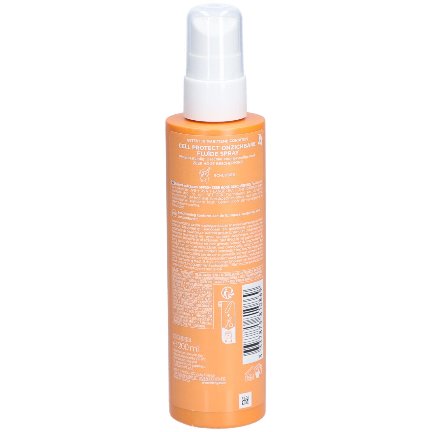 Oranje sprayfles met witte sproeikop. Opschrift: Vichy, Capital Soleil, SPF 50+.