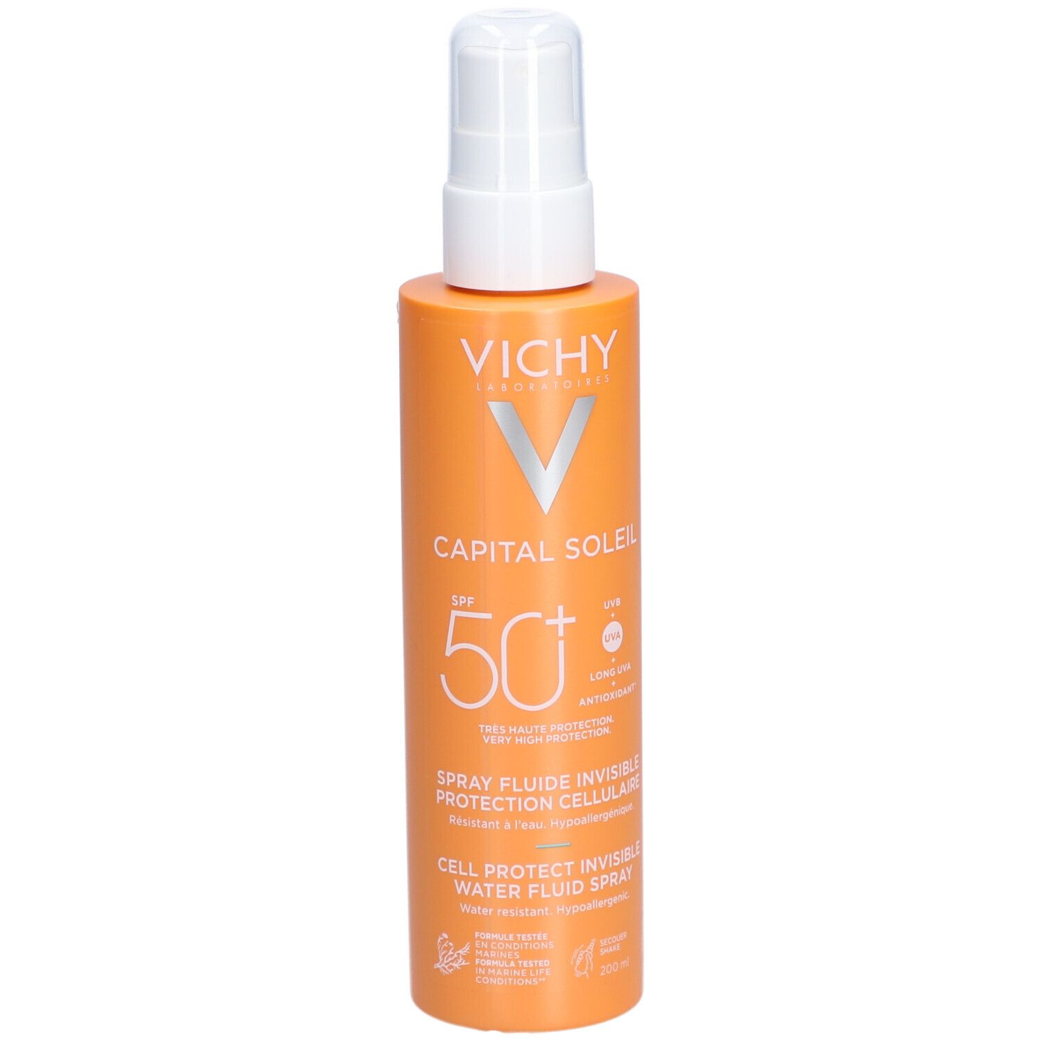 Oranje sprayfles met witte sproeikop. Opschrift: Vichy, Capital Soleil, SPF 50+.