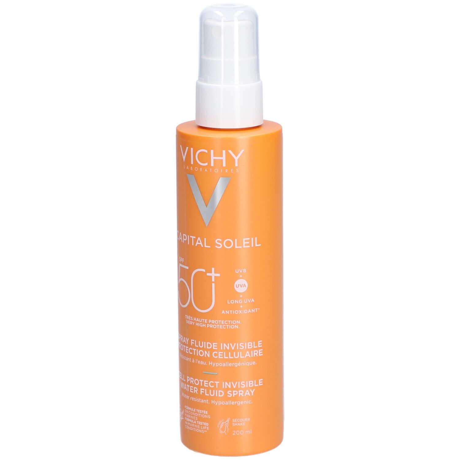 Oranje sprayfles met witte sproeikop. Opschrift: Vichy, Capital Soleil, SPF 50+.
