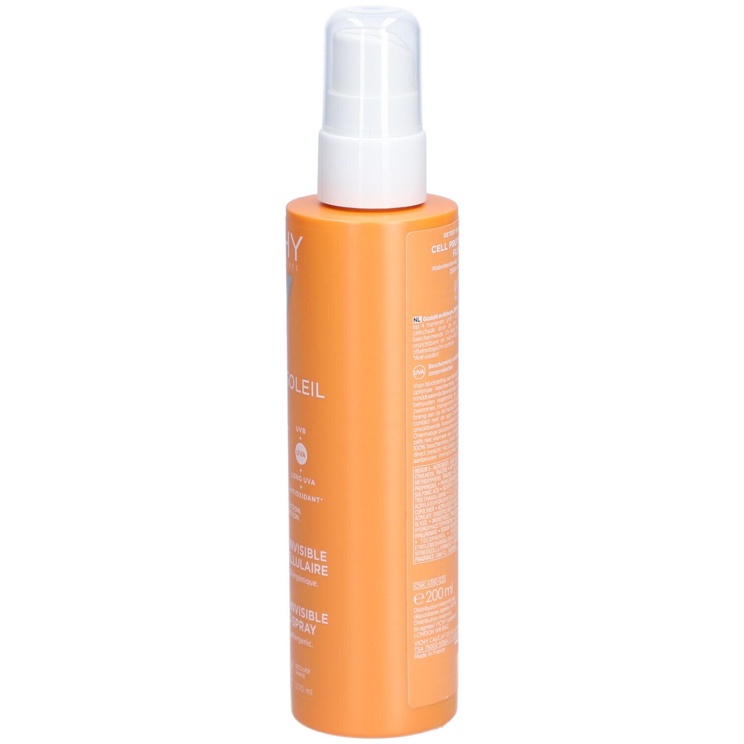 Oranje sprayfles met witte sproeikop. Opschrift: Vichy, Capital Soleil, SPF 50+.