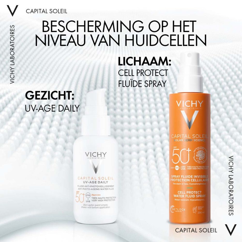 Oranje sprayfles met witte sproeikop. Opschrift: Vichy, Capital Soleil, SPF 50+.