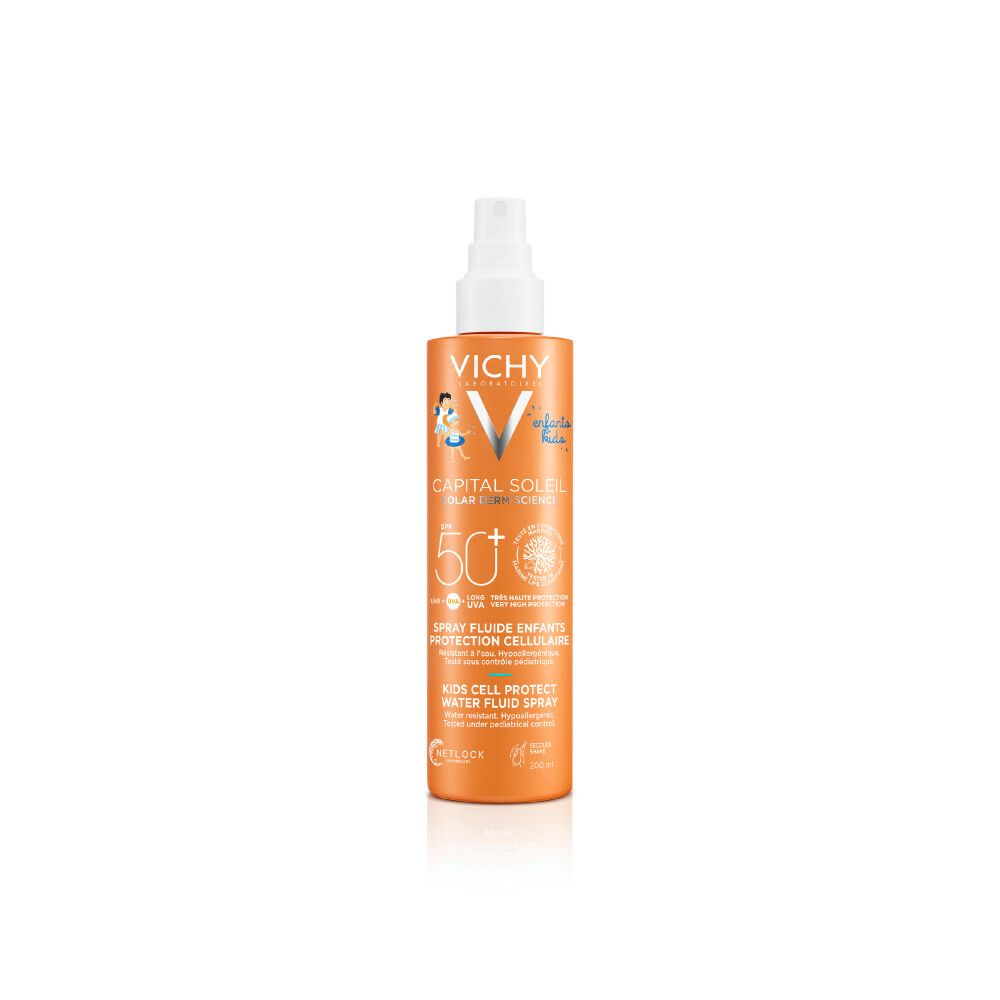 Spray solaire pour enfants. Flacon orange avec vaporisateur blanc. SPF 50+.