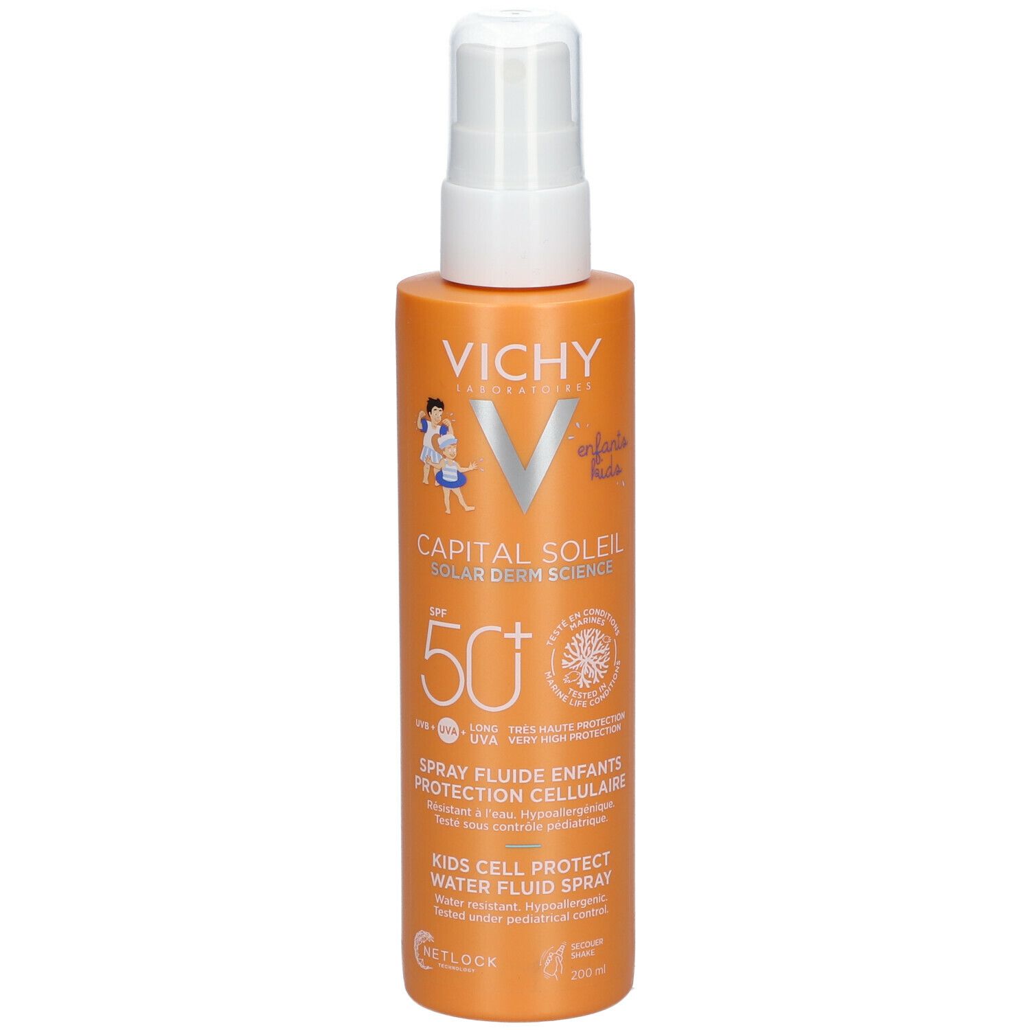 Spray solaire pour enfants. Flacon orange avec vaporisateur blanc. SPF 50+.