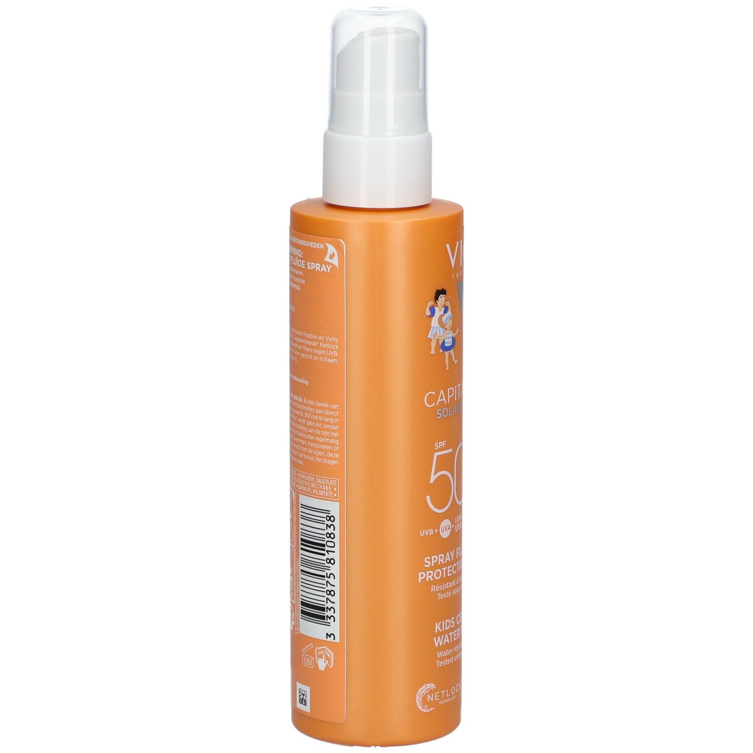 Dos du flacon de spray solaire. Texte multilingue. Contient des informations.