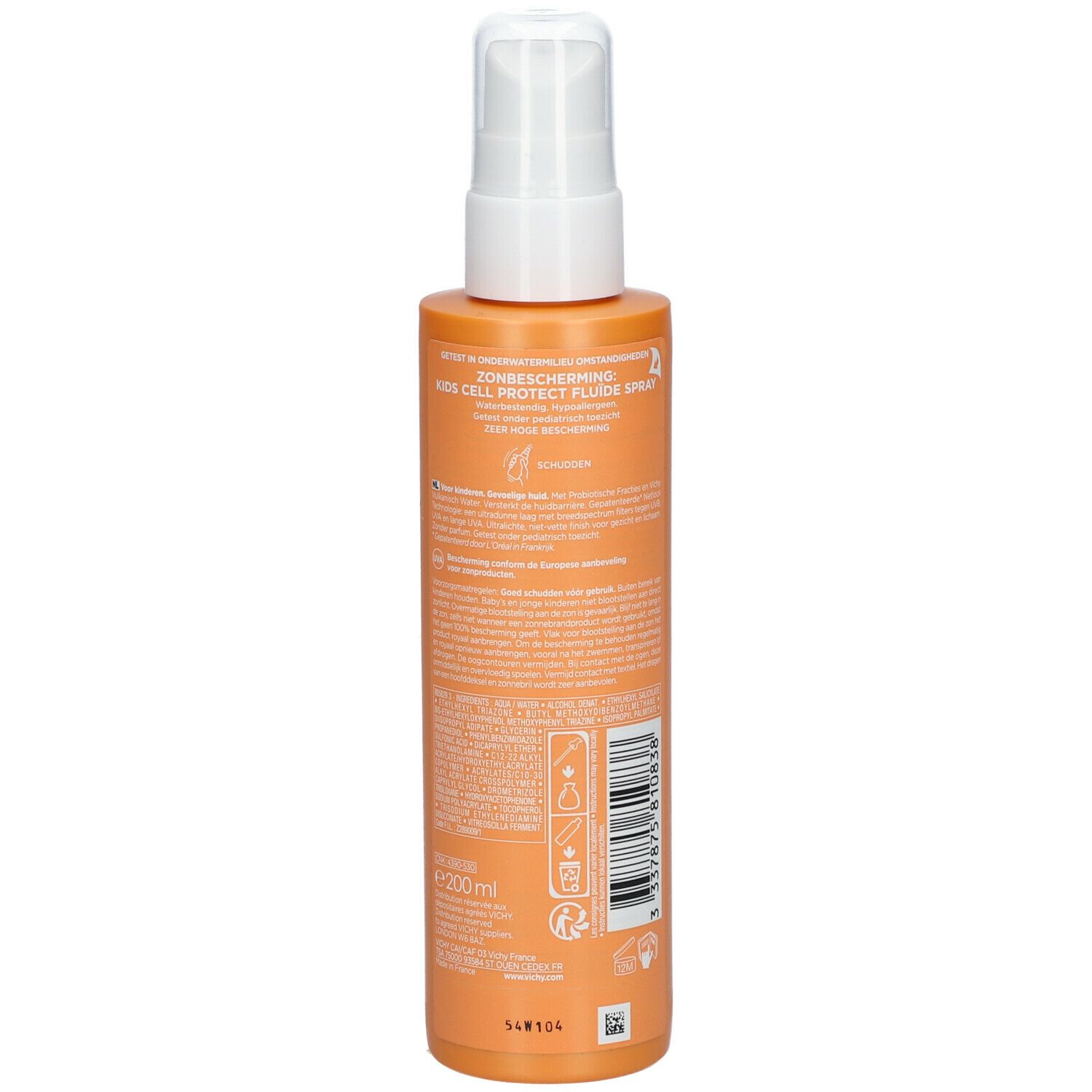 Dos du flacon de spray solaire. Texte multilingue. Contient des informations.