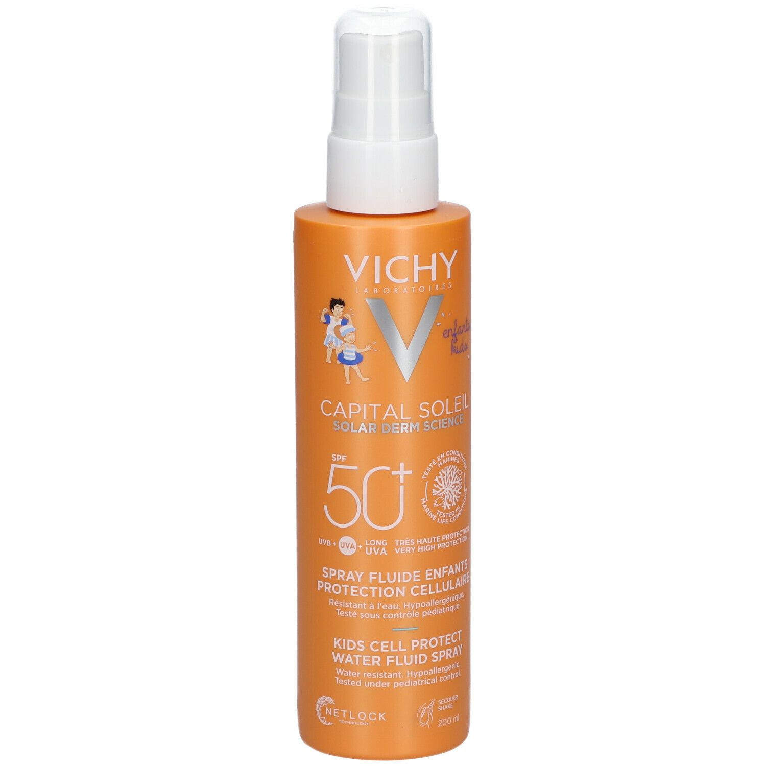 Spray solaire pour enfants. Flacon orange avec vaporisateur blanc. SPF 50+.