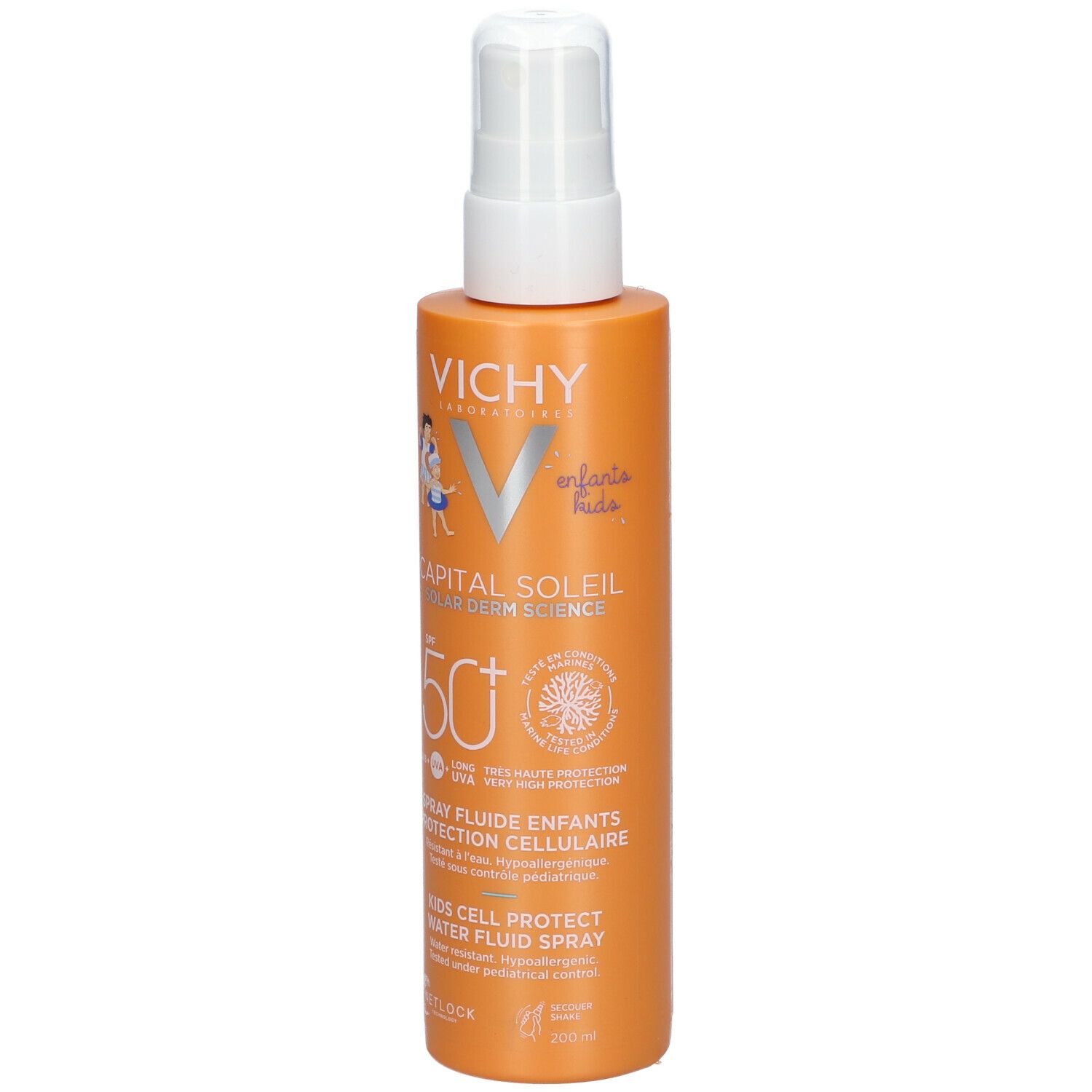 Spray solaire pour enfants. Flacon orange avec vaporisateur blanc. SPF 50+.