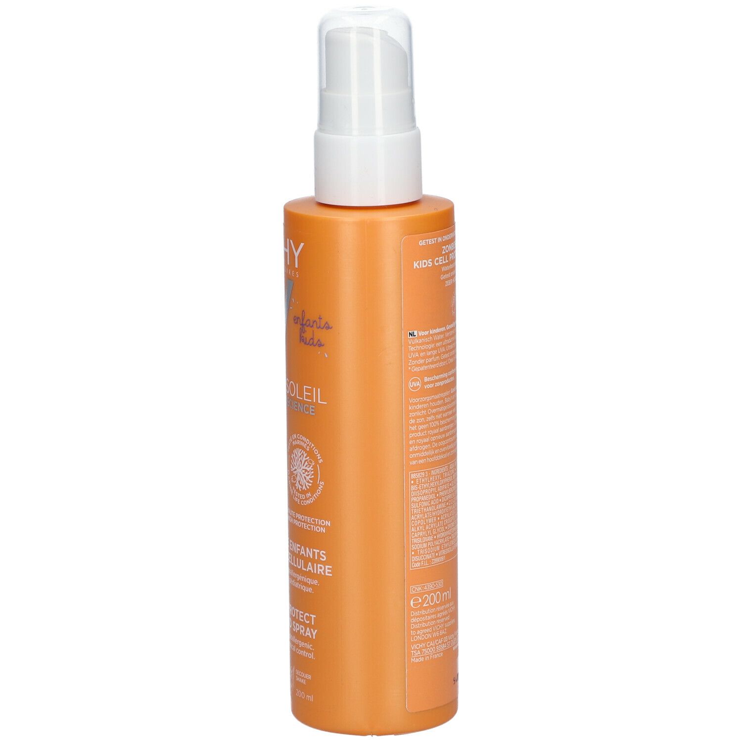 Dos du flacon de spray solaire. Texte multilingue. Contient des informations.