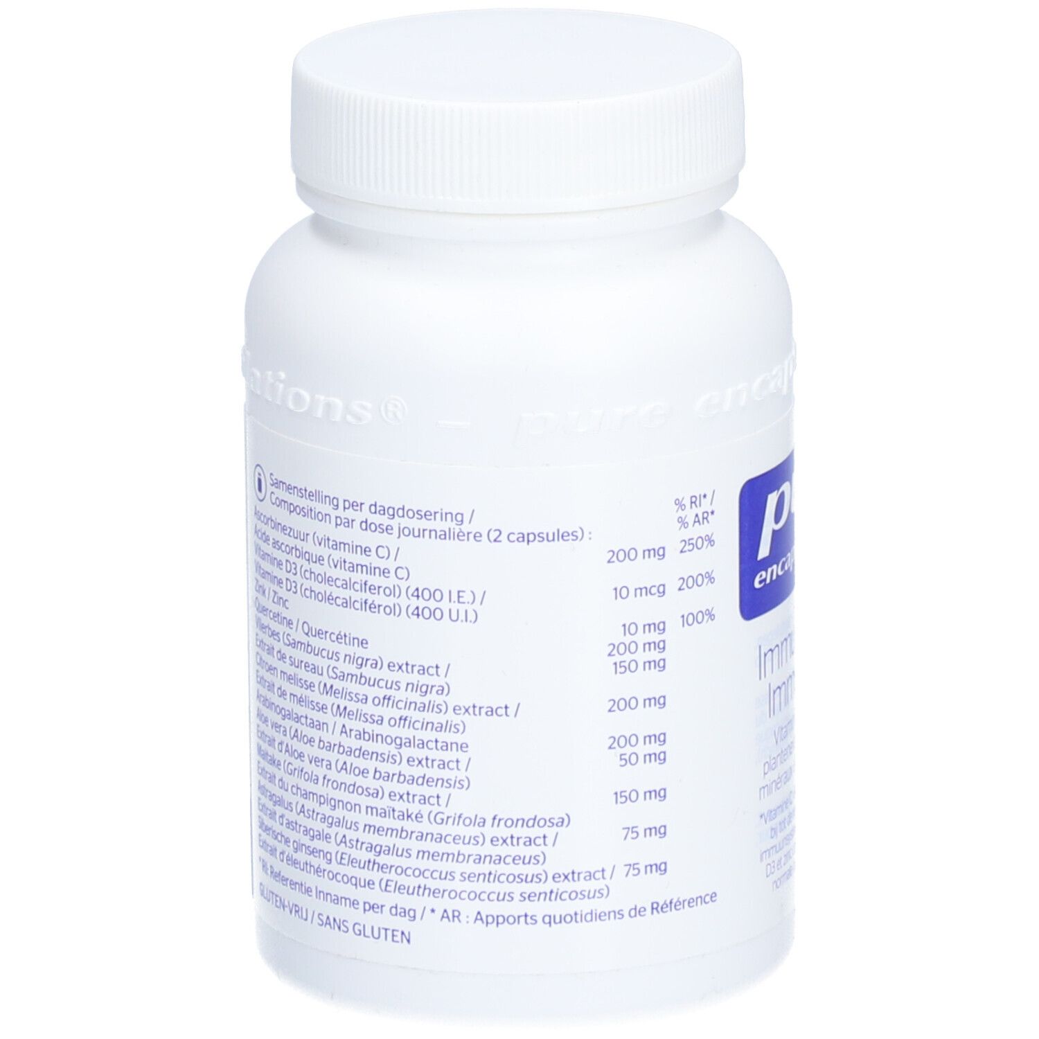 Witte fles met inhoudsinformatie. Bevat ascorbinezuur, vitamine D3, zink, quercetine, vlierbes, citroenmelisse, etc. Glutenvrij.