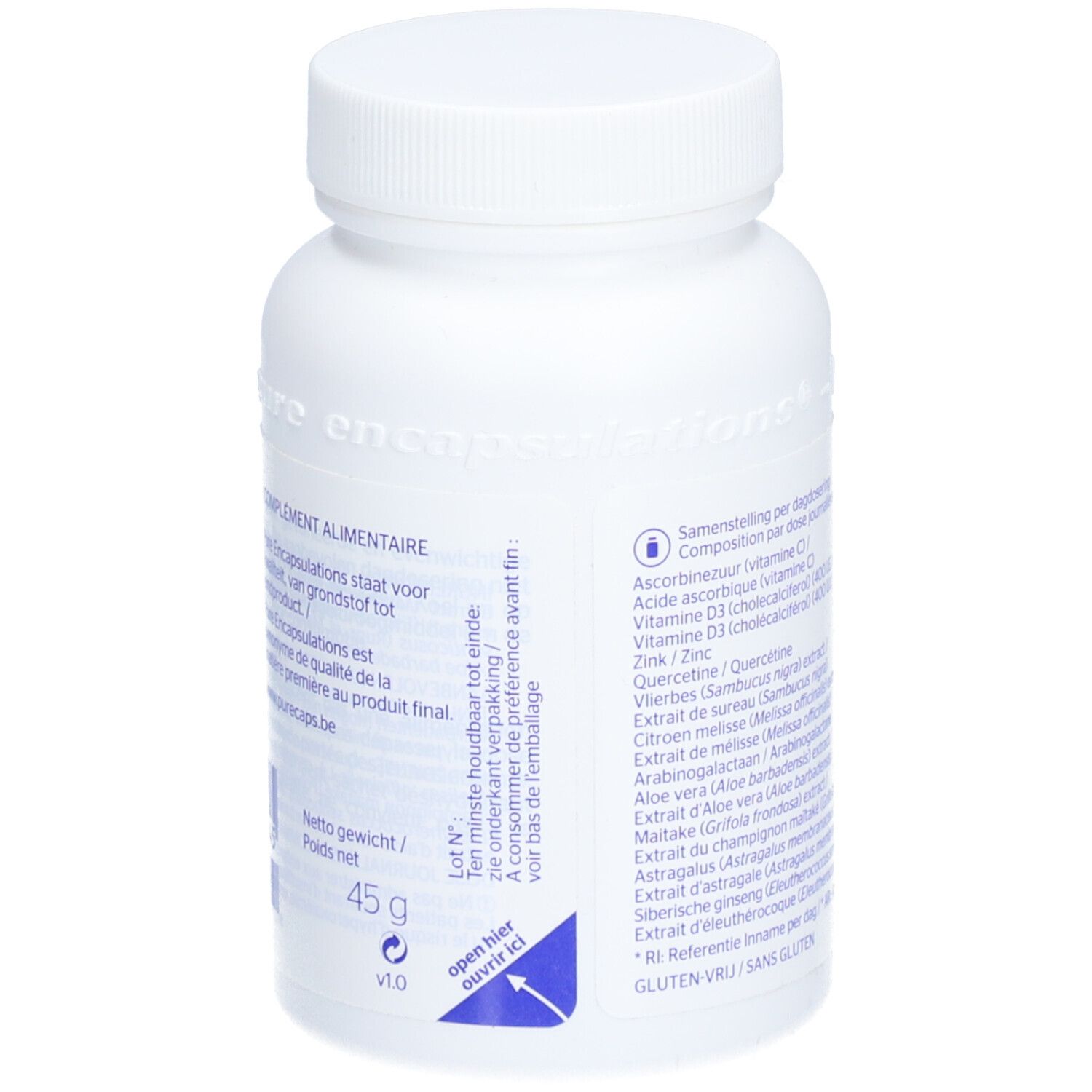 Witte fles met informatie. Bevat nettogewicht 45g. Ten minste houdbaar tot. Openingsinstructies.