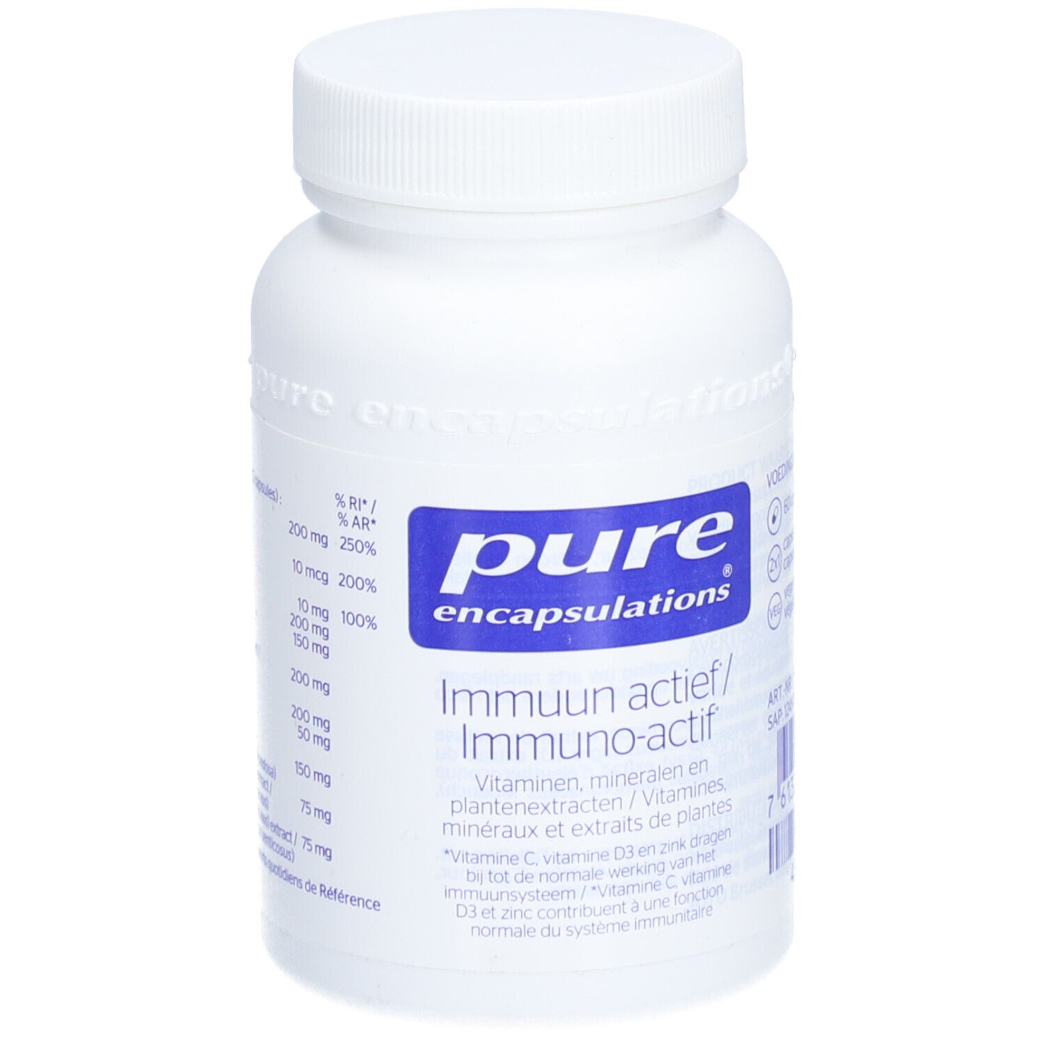 Witte fles met blauw etiket. Opschrift: Pure Encapsulations, Immuun actief/Immuno-actif. Bevat vitaminen en mineralen.