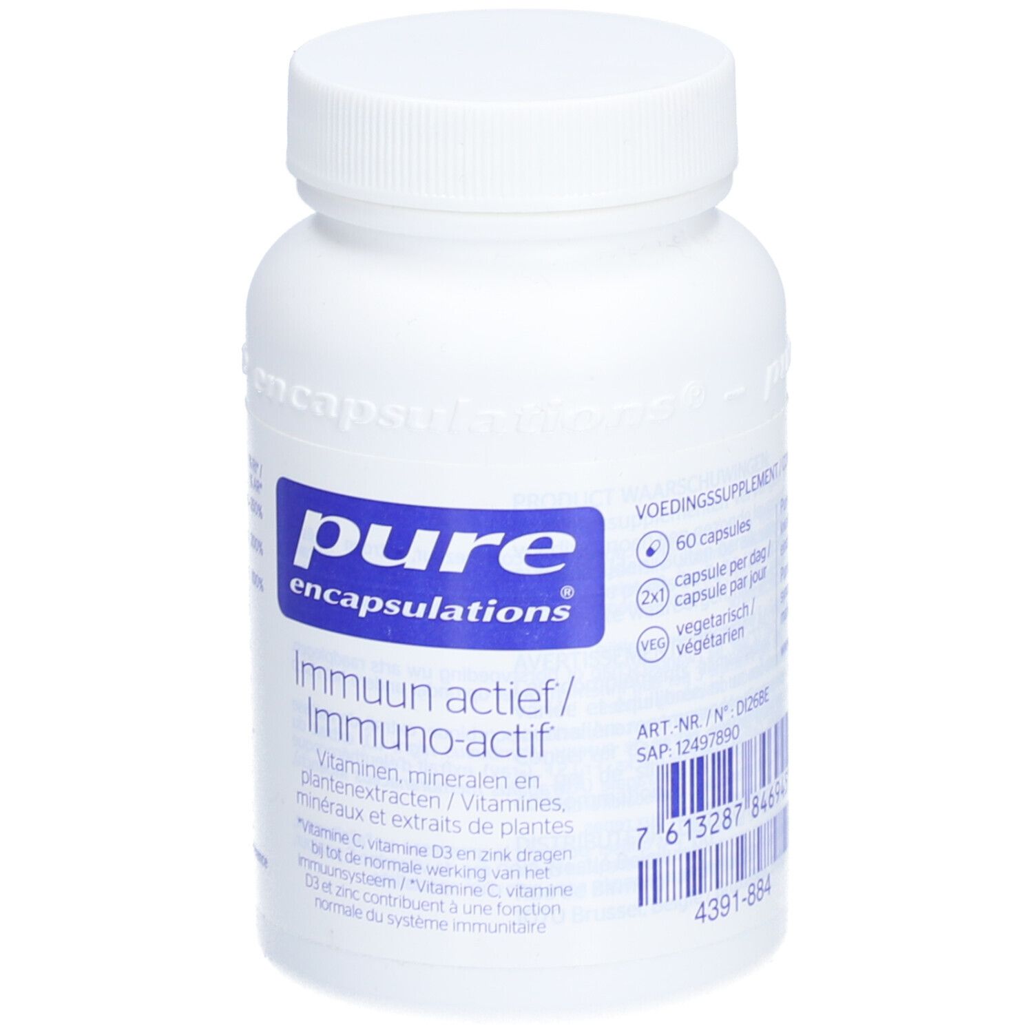 Witte fles met blauw etiket. Opschrift: Pure Encapsulations, Immuun actief/Immuno-actif. Bevat 60 capsules. Vegetarisch.
