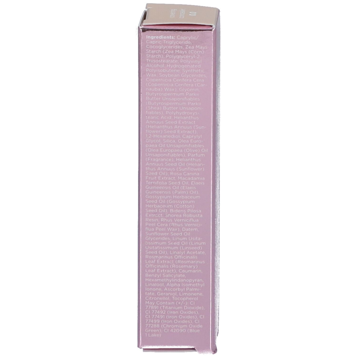 Rückseite der rosa Verpackung mit Inhaltsstoffen und Herstellerinformationen in kleiner Schrift.