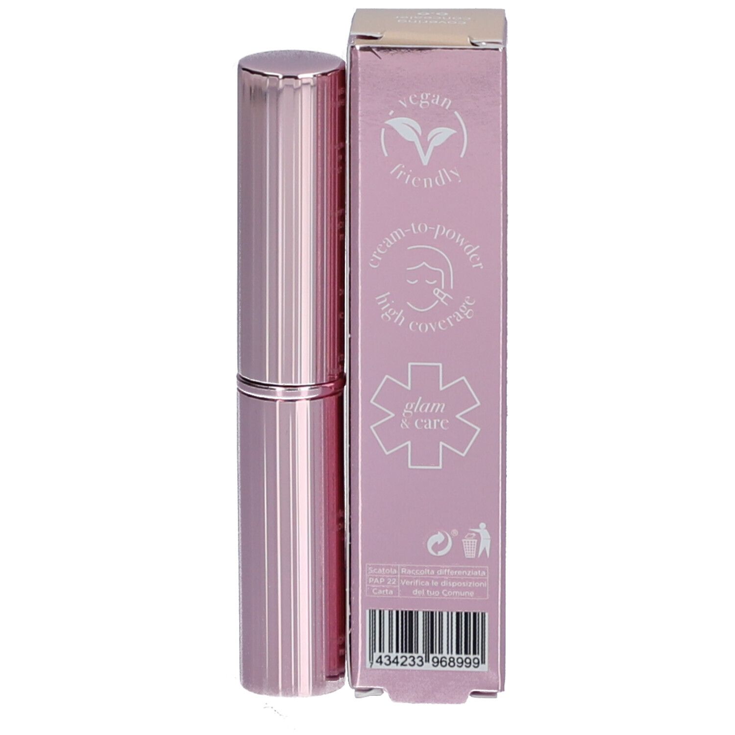 Rosa Concealer-Stift und Verpackung. Verpackung mit Logo, Text und Vegan-Siegel. Stift mit geriffelter Oberfläche.