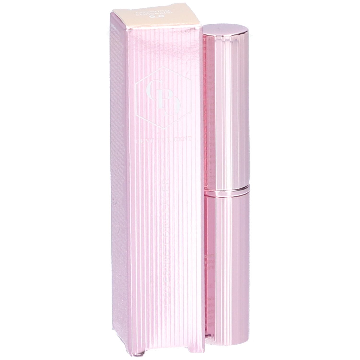 Rosa Concealer-Stift und Verpackung. Verpackung mit Logo und Schriftzug. Stift mit geriffelter Oberfläche.