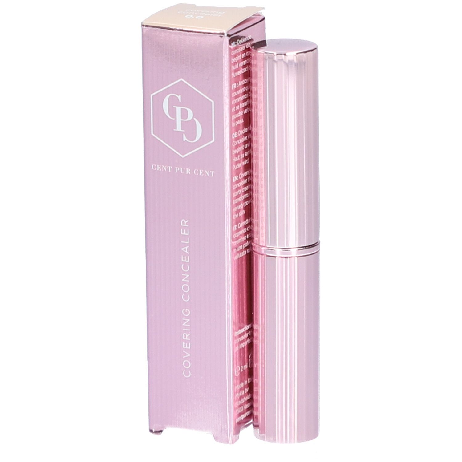 Rosa Concealer-Stift und Verpackung. Verpackung mit Logo und Schriftzug. Stift mit geriffelter Oberfläche.