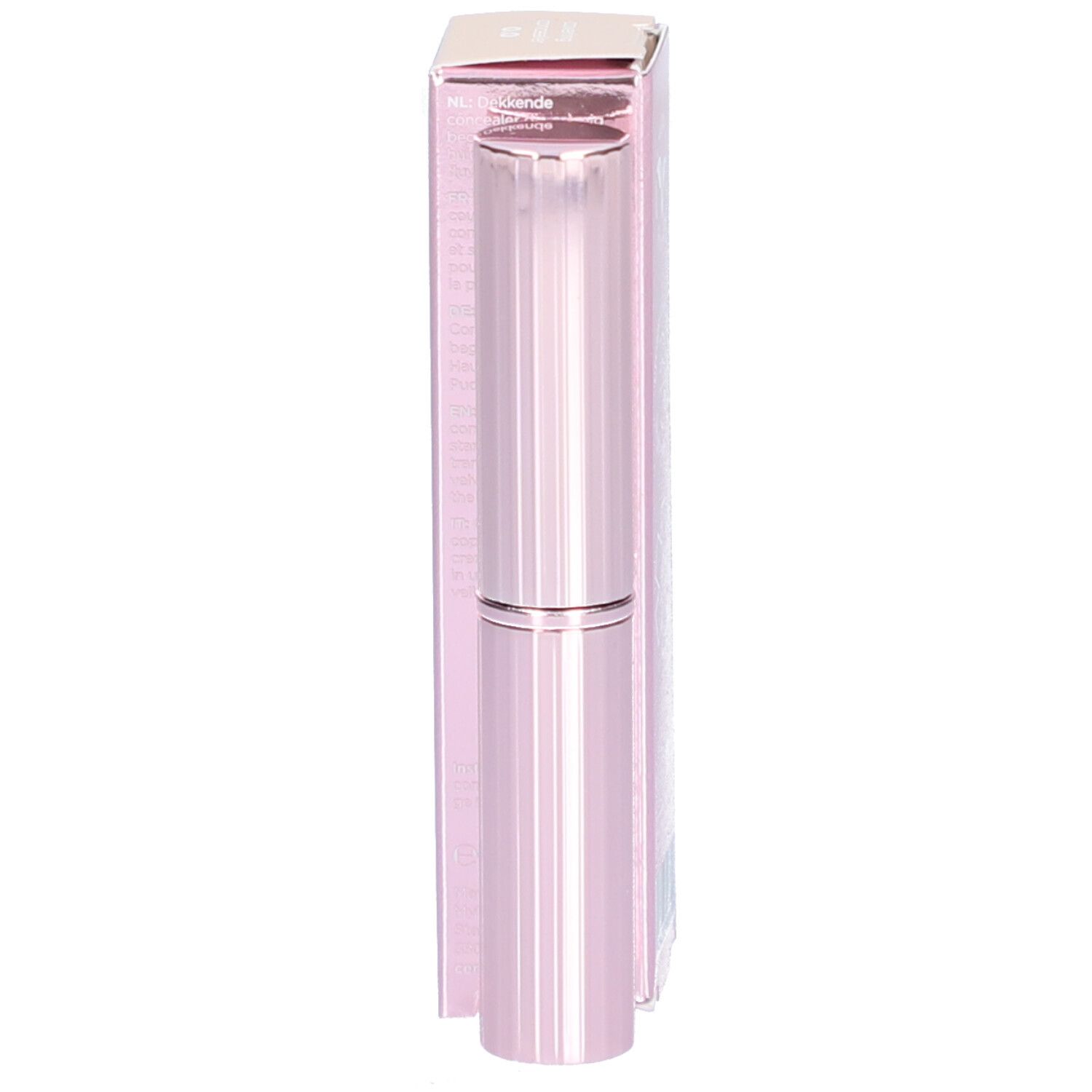 Rosa Concealer-Stift. Stift mit geriffelter Oberfläche. Deckel abgenommen.