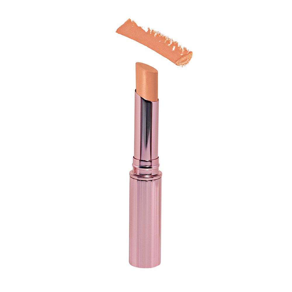 Concealer stick en verpakking. Roze verpakking met wit logo en tekst. Stick met geribbeld oppervlak.