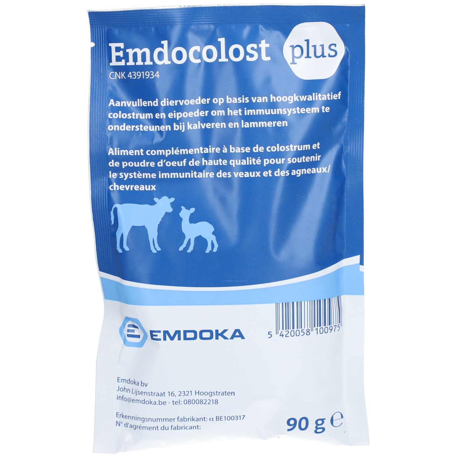 Beutel mit Produktnamen "Emdocolost plus". Blaue und weiße Verpackung mit Logo und Text. Enthält 90 g.