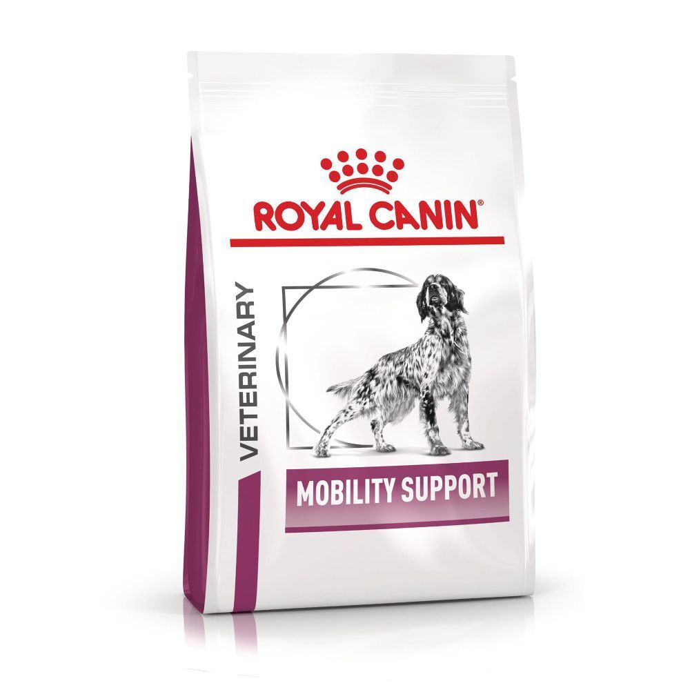 Verpackung von Royal Canin Veterinary Mobility Support Hundefutter mit einem Bild eines Hundes.