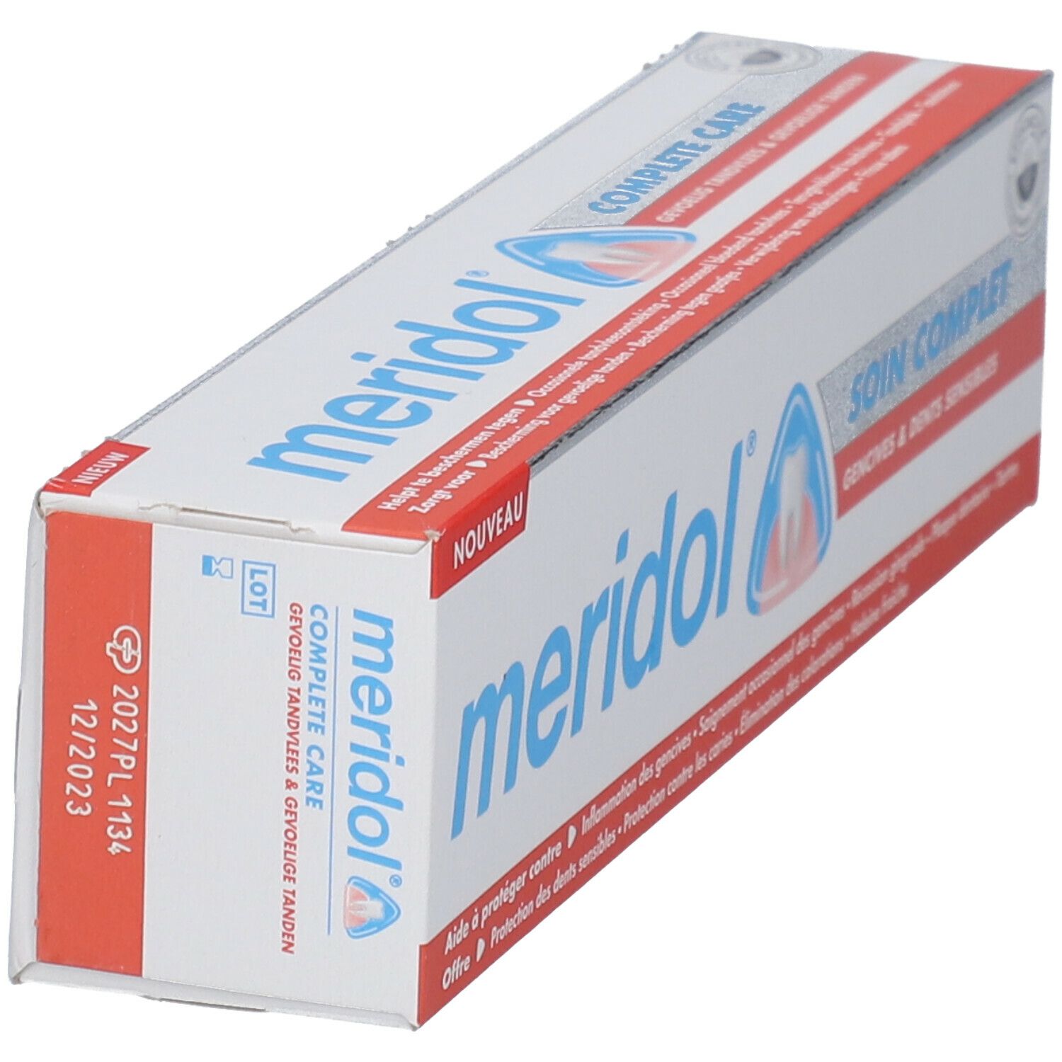 Emballage de dentifrice "meridol Complete Care". Informations sur les gencives et les dents sensibles. Avec numéro de lot et date d'expiration.