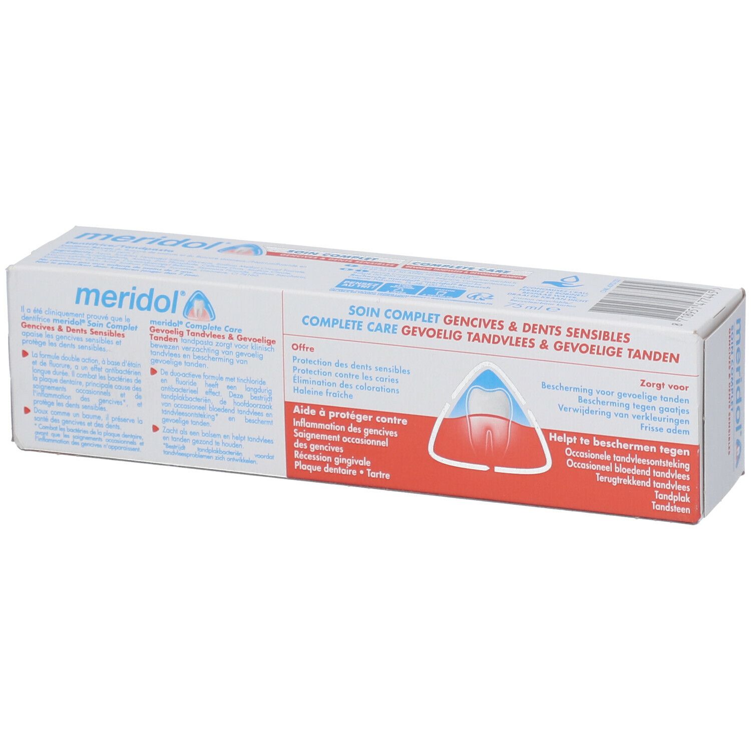 Emballage de dentifrice "meridol Complete Care" avec informations sur les gencives et les dents sensibles. Texte au dos.