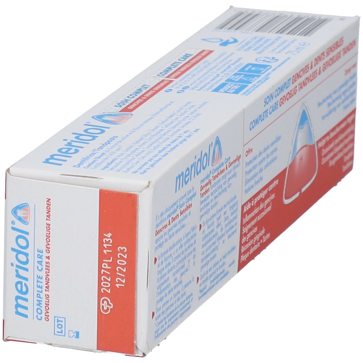 Emballage de dentifrice "meridol Complete Care" avec informations sur les gencives et les dents sensibles. Numéro de lot et date d'expiration.