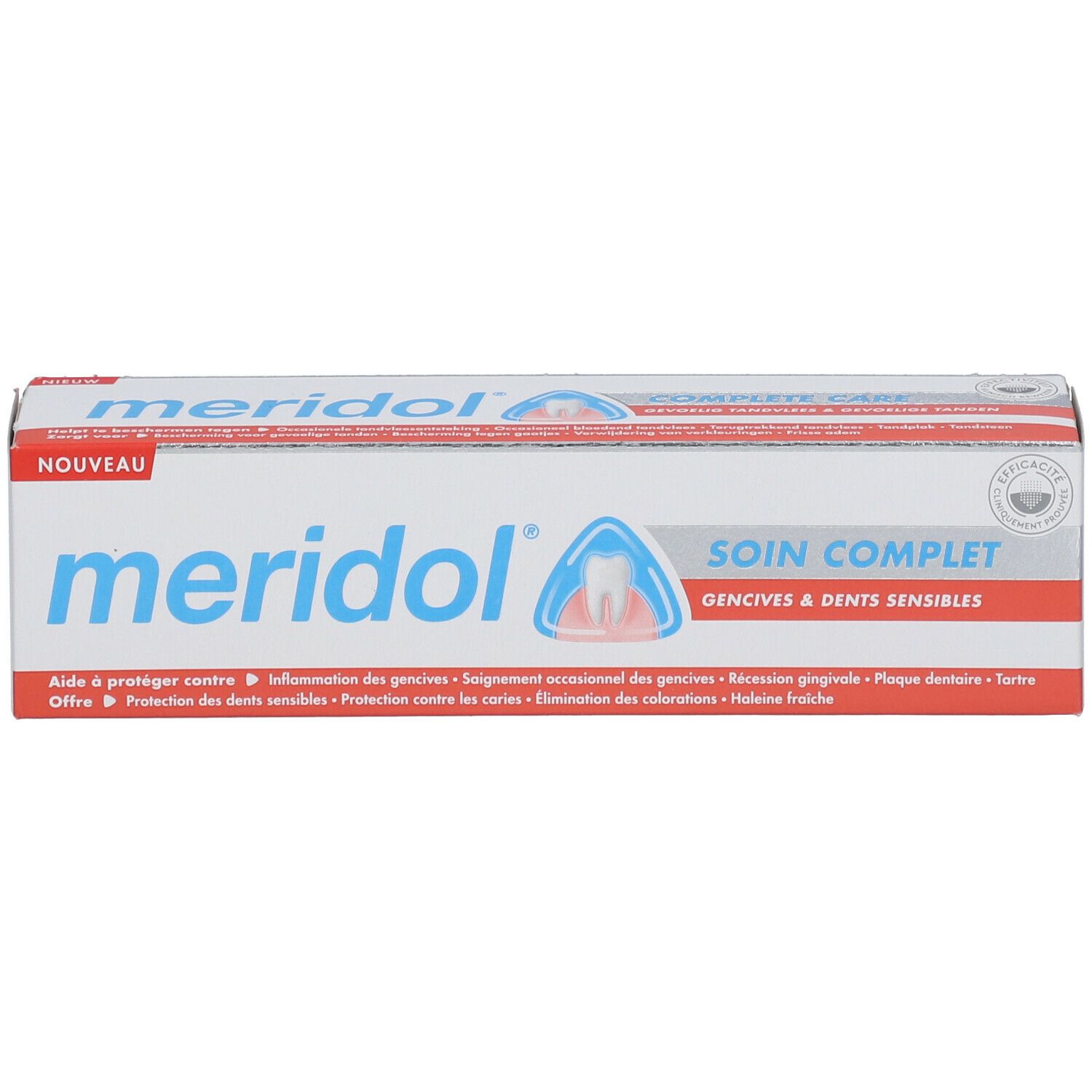 Emballage de dentifrice "meridol" avec logo et texte "SOIN COMPLET". Informations sur les gencives et les dents sensibles.