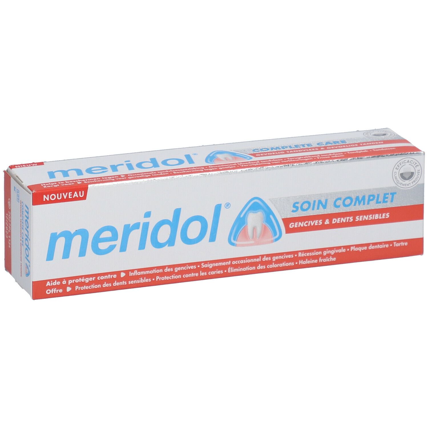 Emballage de dentifrice "meridol" avec logo et texte "SOIN COMPLET". Informations sur les gencives et les dents sensibles.