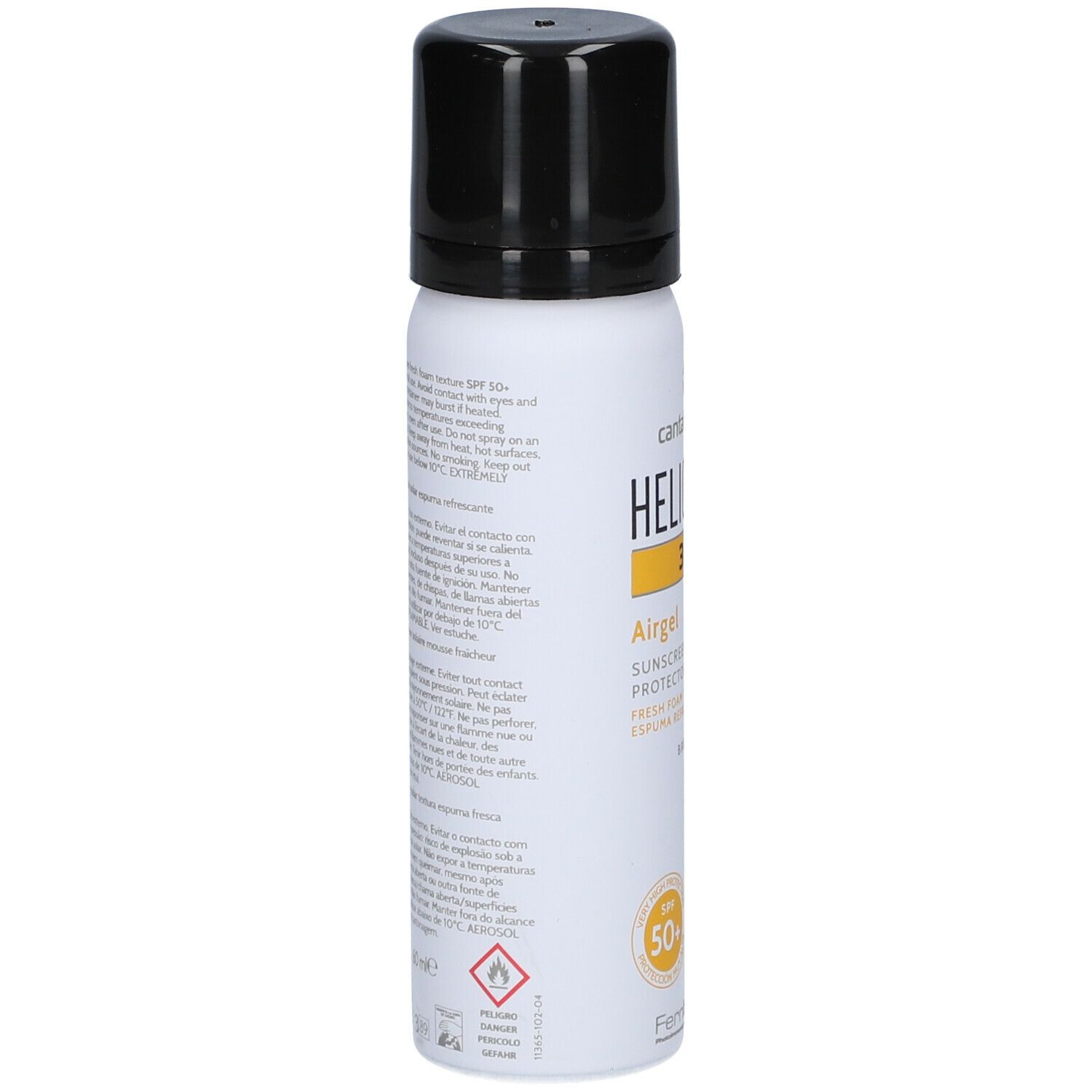 Heliocare 360° Airgel SPF50+ fles. Achterkant met tekst. Wit, zwarte tekst. Bevat waarschuwingen.